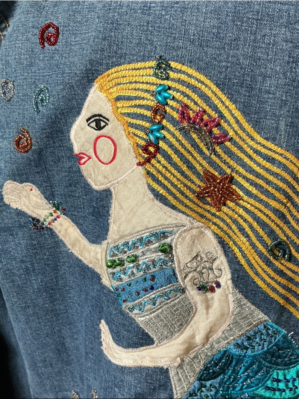 Chico's Blue Denim Jean Jacket with Colorful Mermaid Embroidery - Picture 6 of 7